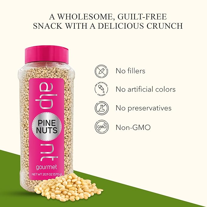 ALPONT GOURMET Raw Pine Nuts - Unsalted &amp Crunchy - Whole Pine Nuts for Snacking Topping Baking Pesto - All Natural &amp Non-GMO - 20.11oz (570g)