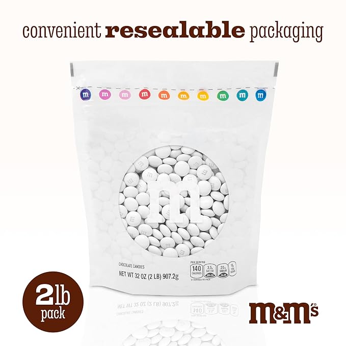 M&ampM’S WORLD White Milk Chocolate Candy 2lbs Resealable Pack for Candy Bars Wedding Receptions Graduations Birthday Parties Easter Dessert Tables &amp DIY Party Favors