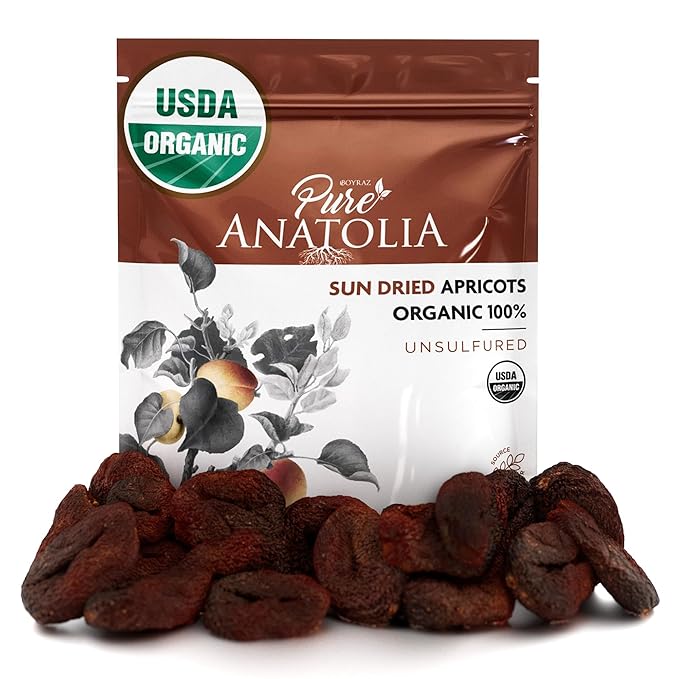 Pure Anatolia Turkish Organic Dried Apricots - Sun Dried Apricots No Sugar Added - Unsulfured Organic Fruit Snack Made from Turkish Apricot - Vegan Non-GMO Halal - 5 oz Resealable Bag 6 Pack