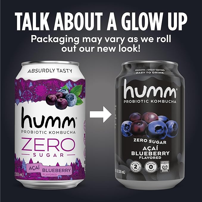 Humm Probiotic Kombucha Zero Sugar Acai Blueberry No Refrigeration Needed Keto Friendly Organic Vegan Gluten Free 12oz Cans (8 Pack)