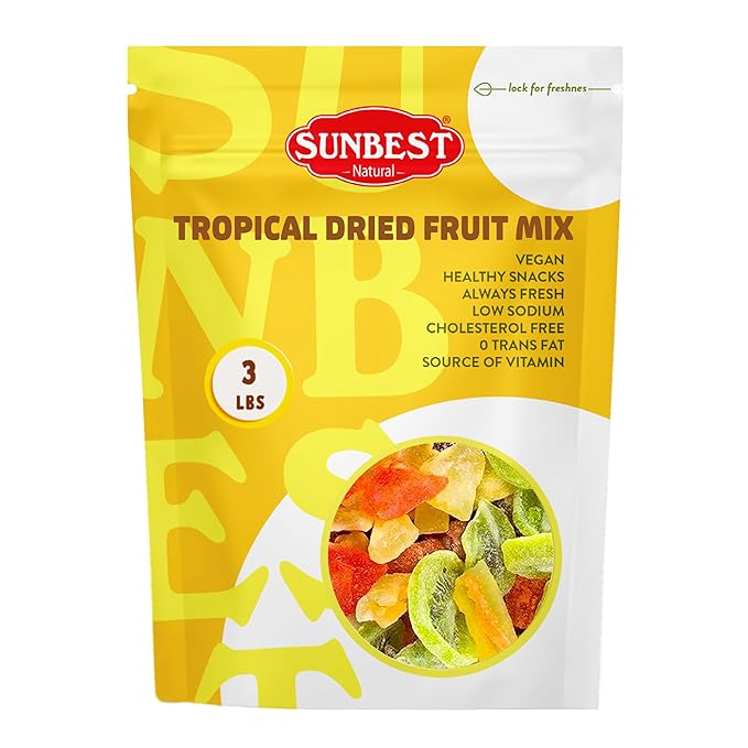 Sunbest Natural Tropical Dried Fruit Mix – 3 lb Bulk Bag (48 oz) – Mango Pineapple Papaya Banana &amp Kiwi – Non-GMO Vegan Gluten-Free – Healthy Dried Fruit Snacks Mixed Fruit for Baking &amp