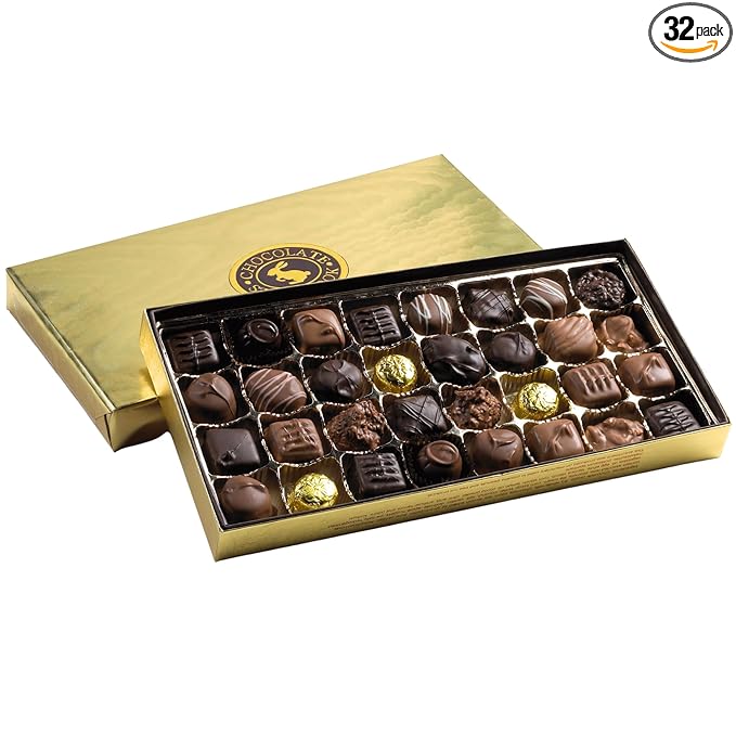 Assorted Chocolates Gift Box 1lb. (32pc) - Milk Dark White Chocolate Caramels Clusters Creams - Unique Ideas for Holidays Birthdays Business Gifts Party Favor