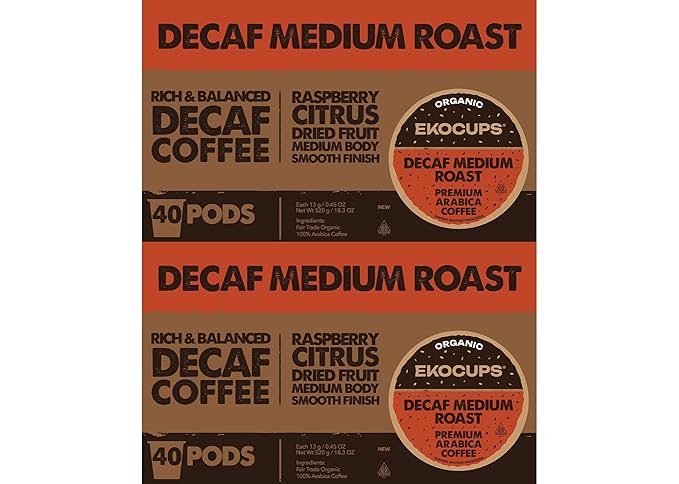 EKOCUPS Organic Swiss Water Decaf Medium Roast Coffee Pods Extra 30% More Coffee Per Cup Artisan Fair Trade Decaf Medium Roast Coffee for Keurig K Cup Machines Recyclable Pods 80 Count