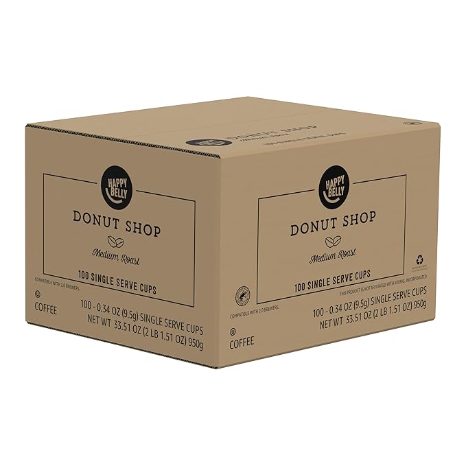 Amazon Brand - Happy Belly Medium Roast Coffee Pods Donut Style Compatible with Keurig 2.0 K-Cup Brewers 100 Count