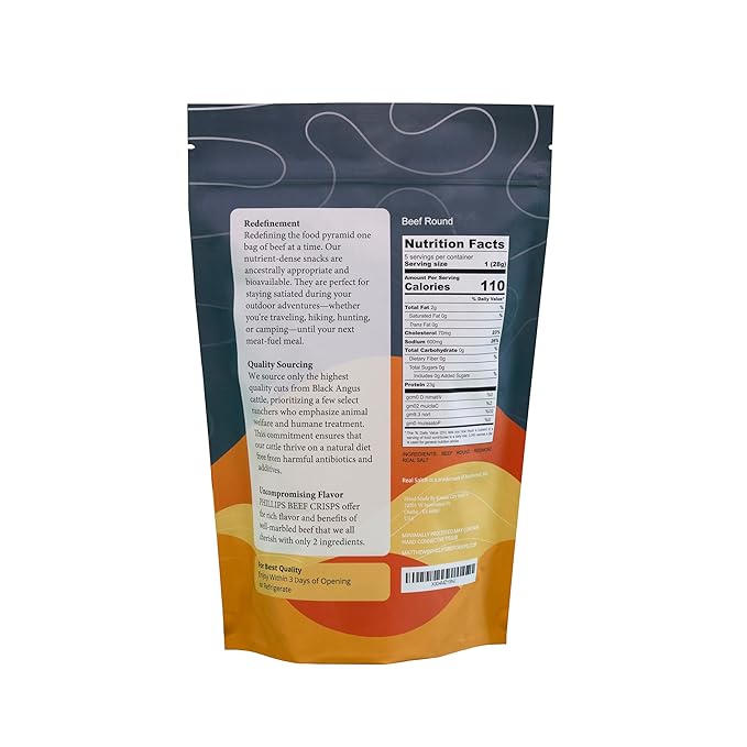 Phillips Beef Crisps - Lean Round - Only Beef &amp Salt - Zero Carbs - Zero Sugar - High Protein Meat Snacks - 23g Protein