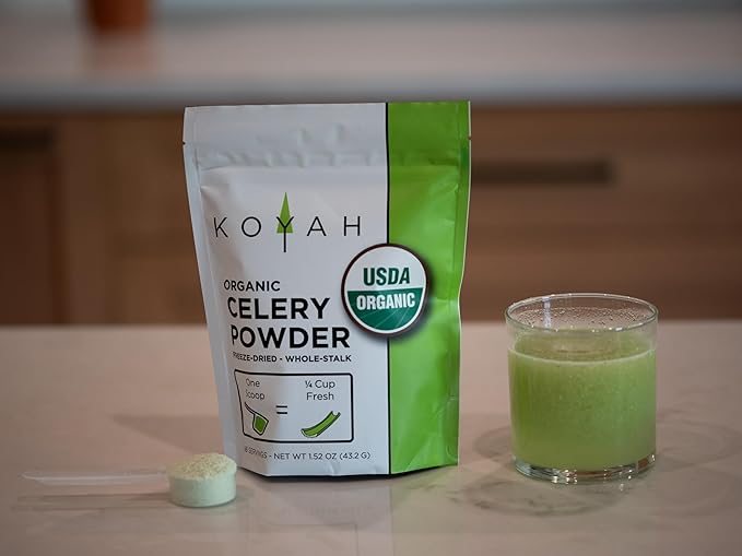 KOYAH - Organic USA Celery Powder (1 Scoop = 1/4 Cup Fresh): 36 Servings Freeze-dried Whole-Stalk Powder