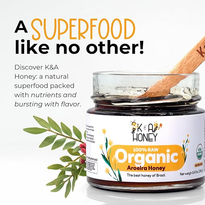K&ampA HONEY Aroeira Blossom Organic Honey | USDA Certified Organic | Raw Premium Honey | Superfood with Unique Natural Antioxidants | Natural Sugar Alternative | 8.47 oz
