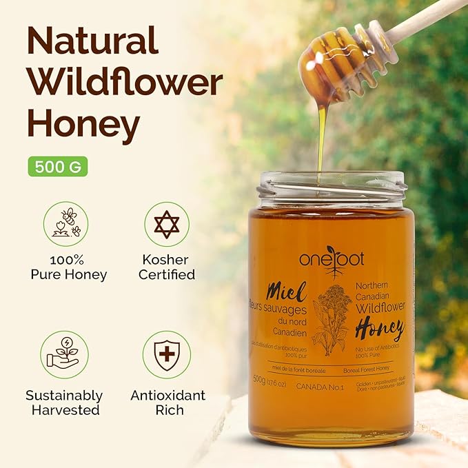 OneRoot Natural Wildflower Honey - 1.1 lbs / 500g Pure Canadian Boreal Forest - Unpasteurized Minimally Filtered &amp Single-Source - Rich in Enzymes &amp Antioxidants - Raw Liquid Honey