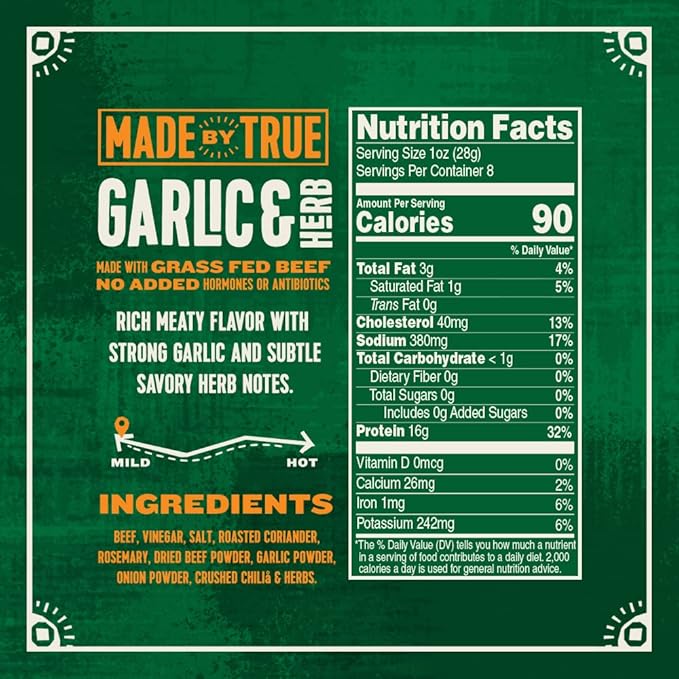 Made by True Garlic &amp Herb Biltong Slab - Grass-Fed Beef Whole Jerky Slab (8 oz Pack of 1) - High-Protein Keto Snack Natural Antibiotic-Free &amp Gluten-Free - Uncut Beef Jerky with Bold Garli