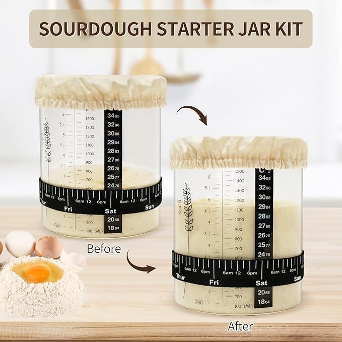 57oz Sourdough Starter Jar Wide Mouth Sourdough Jar Large Capacity Sourdough Starter Kit with Lid Band Date Tracker Temp Sourdough Bread Starter Kit for Perfect Sour Dough(1 Pack)