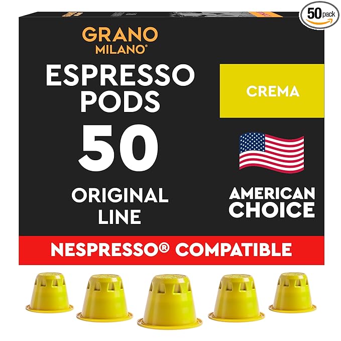 Grano Milano Crema - 50 Espresso Pods Compatible with Nespresso Original line 100% Arabica Medium Roast - Intensity 8/12 Espresso Coffee Capsules Made in Italy