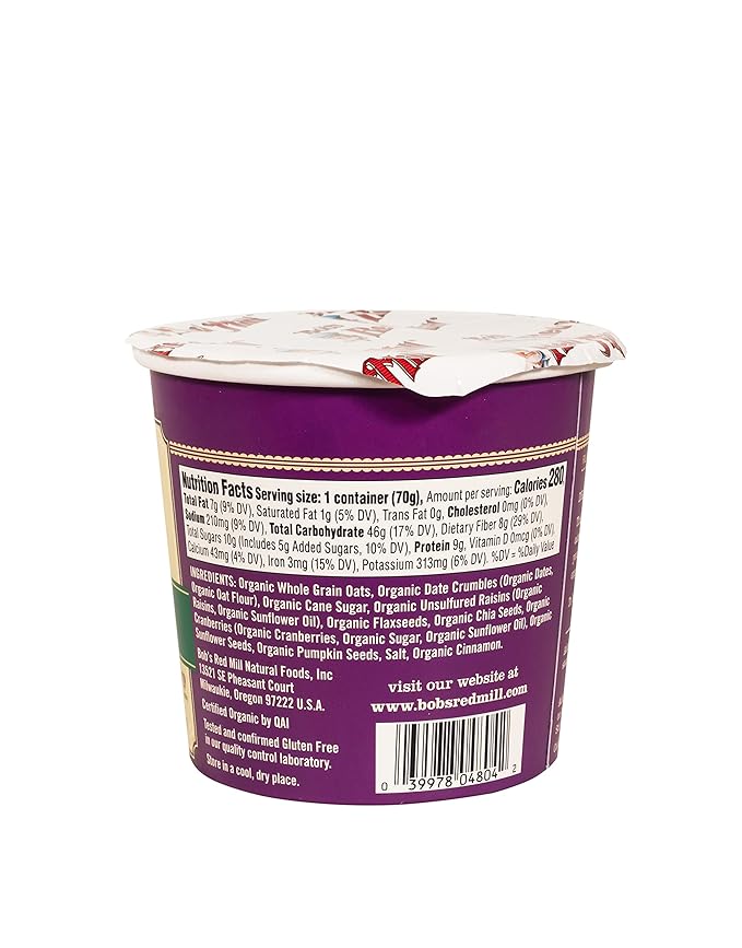 Bob's Red Mill Organic Oat Cup Fruit &amp Seed 1 cup (Pack of 12)- Non GMO Whole Grain Kosher