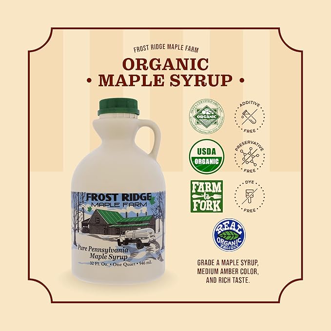 Frost Ridge Maple Farm Organic Maple Syrup Grade A Quart (32 FL OZ) Medium Amber Rich