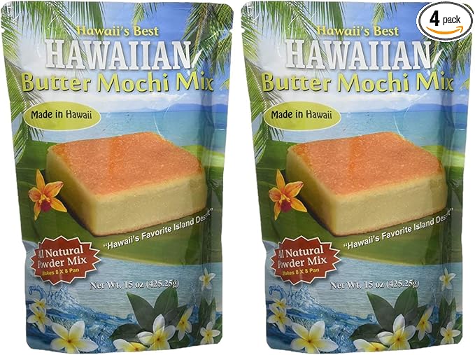 4 Set of Two Pack - Brand Hawaii's Best Butter Mochi Size 15 oz Each - Easy to Make Traditional Hawaiian Style Butter Mochi Cake Mix - Gluten Free Dessert Mix