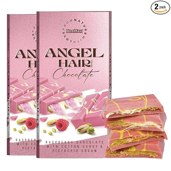 BEEMAX Angel Hair Dubai Chocolate Bar Raspberry White with Pistachio Cream &amp Cotton Candy Unique Middle Eastern Luxury Gourmet Ideal for Gift or Special Occasions 6 oz 2-Pack