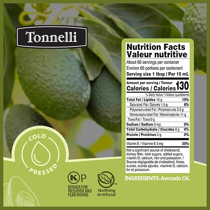 Tonnelli Premium Cold Pressed Naturally Refined Avocado Oil 1 Liter (2 Pack) | High Smoke Point 520F | Product of Spain | Certified Kosher (including Passover)