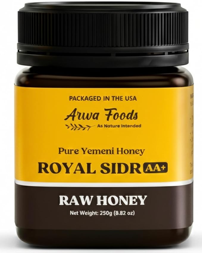Arwa Foods Royal Sidr AA+ Raw Honey - Royal Yemeni Raw honey from Wadi of Douan - 100% Unfiltered Raw &amp Pure Honey - Sealed &amp Packaged in USA (8.82 oz)