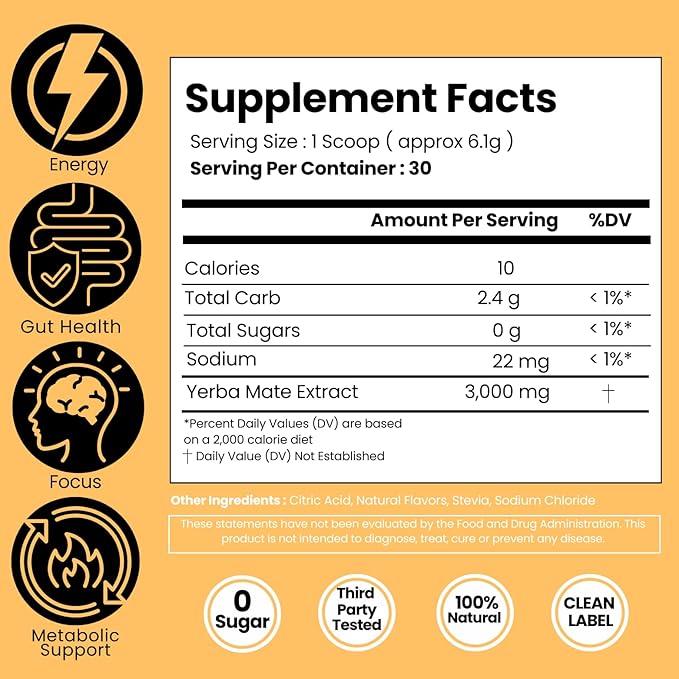 LivMatte Yerba Mate Instant Tea Powder Natural Caffeine Flavored Drink Mix Sugar Free Clean Energy Mental Focus Wellness Support 30 Servings (Peach Mango)