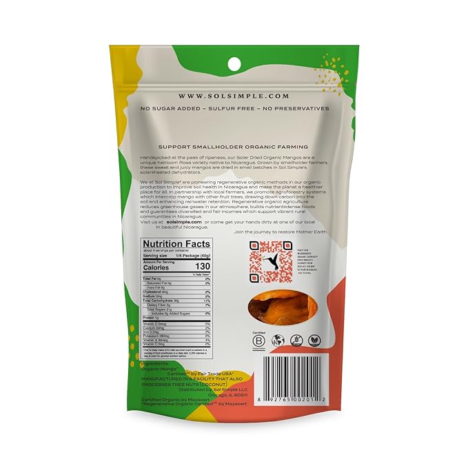 SOL SIMPLE Organic Dried Mango and Pineapple | 6oz Snack Pack | Vegan | Non-GMO | No Added Sugar | Fair Trade | Dried Fruit