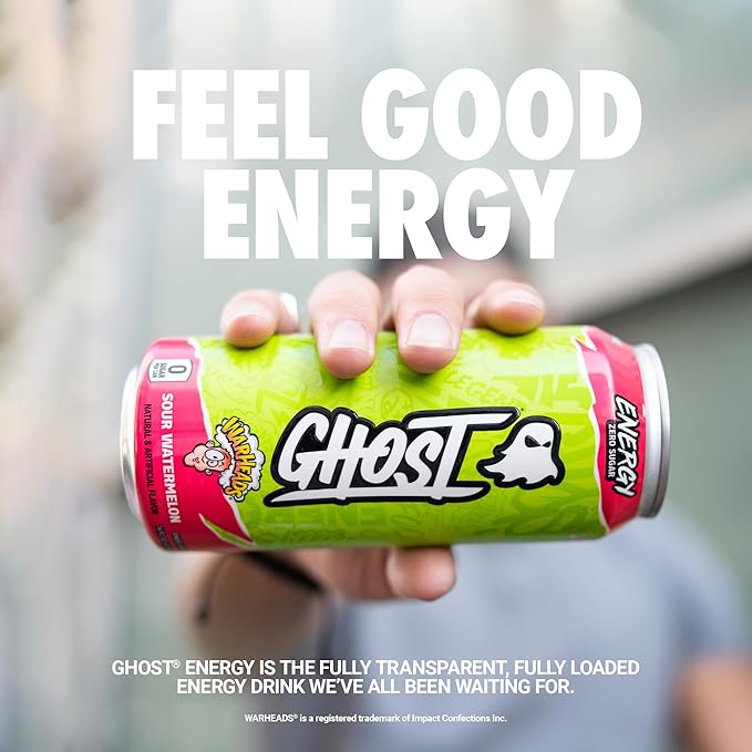 GHOST Energy Drink - 12-Pack Warheads Sour Watermelon 16oz - Energy &amp Focus &amp No Artificial Colors - 200mg of Natural Caffeine L-Carnitine &amp Taurine - Gluten-Free &amp Vegan