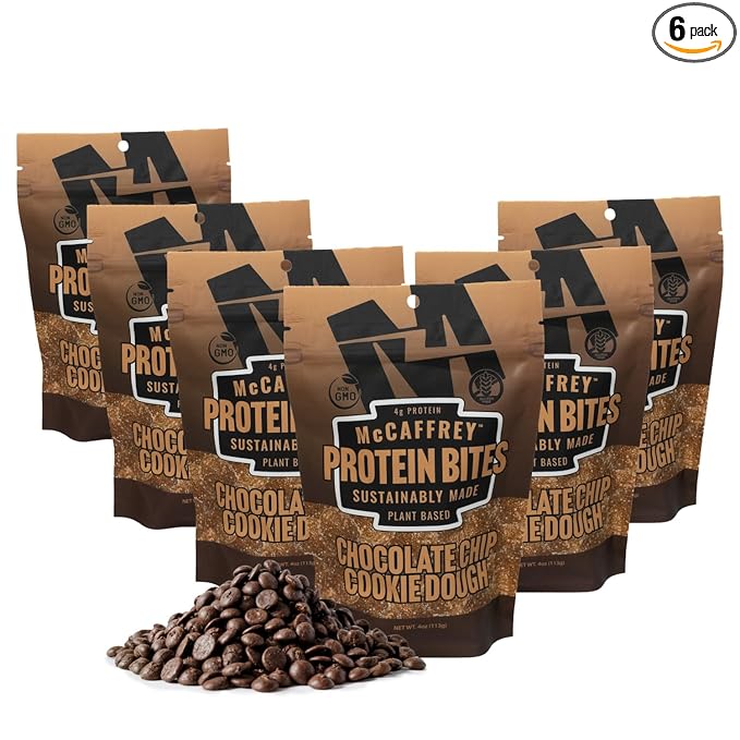 McCaffrey Protein Bites – Chocolate Chip Cookie Dough Flavor – 6 Multi-Serving 4oz Bags – 4g of Protein per Serving – Gluten-Free Vegan High Fiber Energy Snack for Active Families