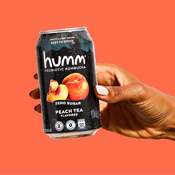 Humm Probiotic Kombucha Zero Sugar Peach Tea No Refrigeration Needed Keto Friendly Organic Vegan Gluten Free 12oz Cans (8 Pack)