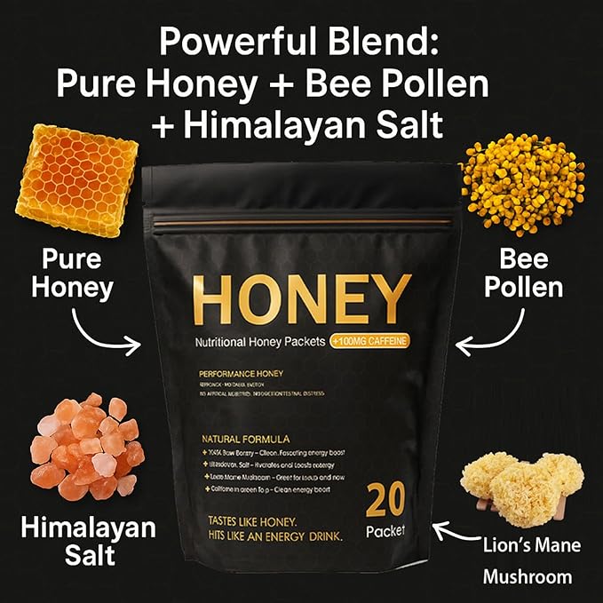 Nutrition Honey Packets Organic Premium Natural Pure Honey with Himalayan Salt Hericium Erinaceus Immune Support Prebiotic Gut Health Electrolyte Replenishment 20 Pack (1)