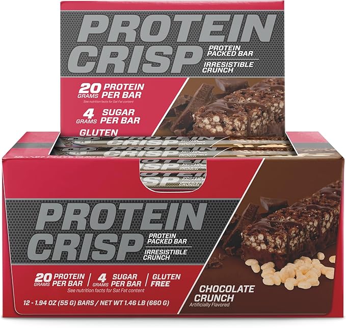 BSN Protein Crisp Bar Chocolate Crunch 20 Gram Protein Snack Bars with Whey and Fiber Gluten-Free Crunchy Energy Bars for Workout Fitness On-the-Go 12 Count