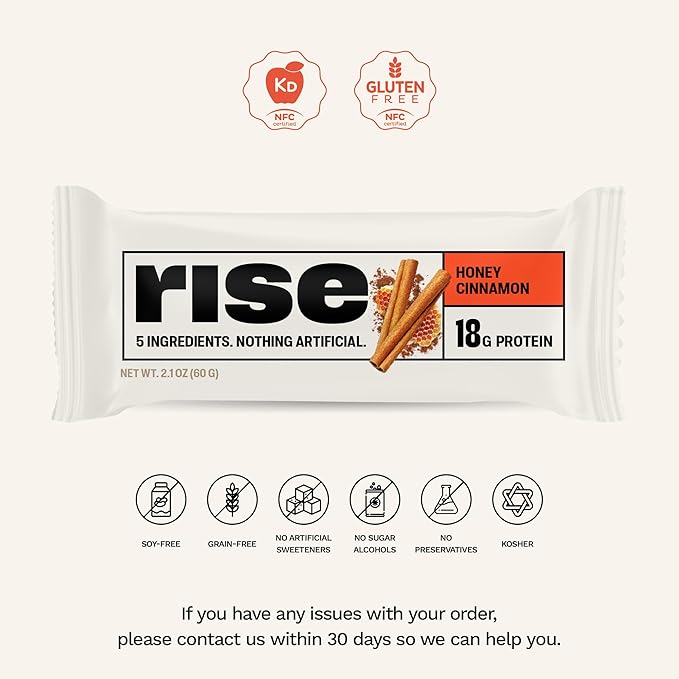 Rise Whey Protein Bars - Honey Cinnamon | Breakfast Bar &amp Protein Snack 18g Protein 4g Fiber Just 5 Whole Food Ingredients Gluten-Free Soy Free
