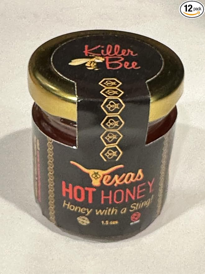 Texas Hot Honey Killer Bee EXTRA HOT heat Chili infused honey. Case of 12 (1.5 oz glass Jar)