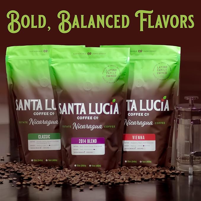 Santa Lucia Coffee - Grand Reserve Classic Medium Roast Nicaraguan Coffee - Medium Roast - 91 Point Specialty Grade - Low Acididity - Bright &amp Smooth - Strong &amp Bold Flavor - Whole Bean - 16oz