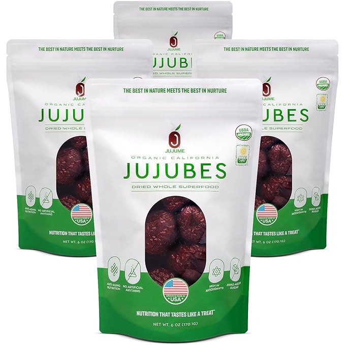 JUJUME | USDA Organic California Grown Jujubes Red Dates | Individually Sorted 3X for QA | High Grade Superfood | Healthy Dried Fruit | Certified All-Natural Non-GMO | 4-pack 6 oz bags