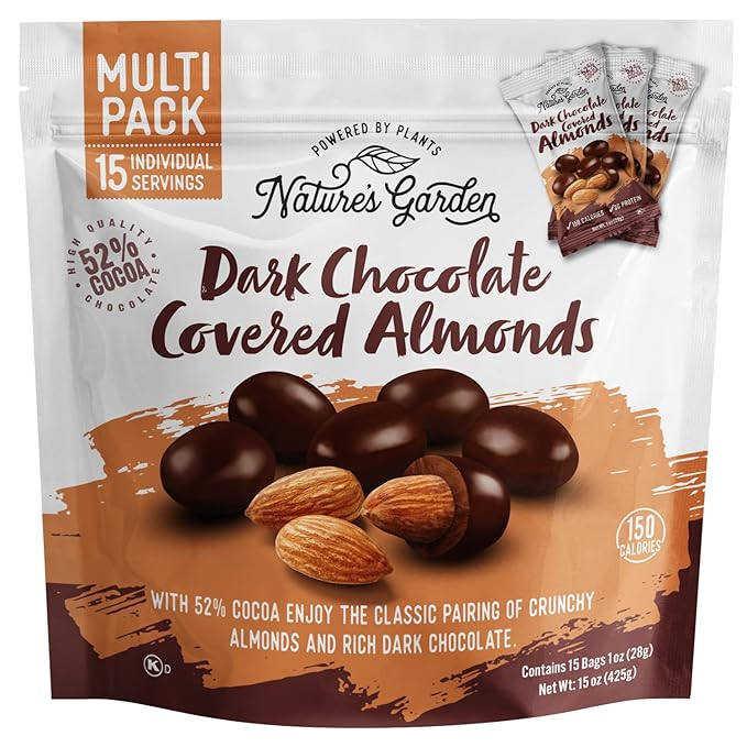 Nature's Garden Dark Chocolate Covered Almonds Snack Packs – No Trans Fat Indulgent Snack Dark Chocolate Almonds Kosher Certified – 1 Oz Bags (15 Individual Servings)