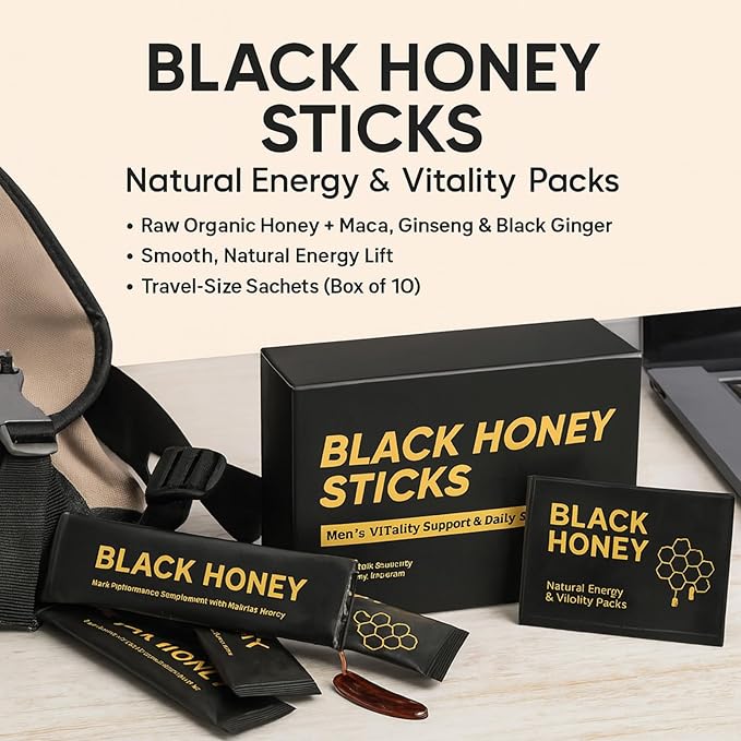 Black Honey Sticks Natural Energy &amp Vitality Packs – Raw Organic Honey with Maca Ginseng &amp Black Ginger Extracts Travel-Size Sachets Male Wellness &amp Daily Support (Box of 10)