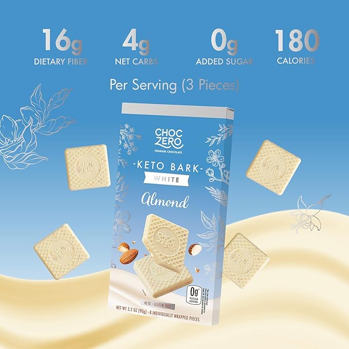 ChocZero Keto Bark White Chocolate Almond No Added Sugar High Fiber Low Carb No Sugar Alcohols No Artificial Sweeteners 3.2 Ounce (Pack of 4)