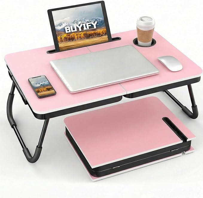 BUYIFY Foldable Laptop Bed Desk for Couch Sofa - Large Lap Desk Tray Table with Cup Holder and Tablet Slot - Portable Notebook Stand for Eating Writing Studying and WFH (Pink)