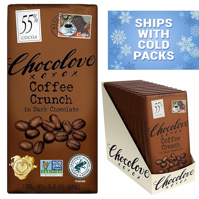 Chocolove Coffee Crunch Dark Chocolate Bars | 55% Cocoa | Crunchy Coffee Bean Bits | Smooth &amp Sweet | Premium Dark Chocolate | Non GMO Rainforest Alliance Certified 3.2oz Bar (12 Pack)