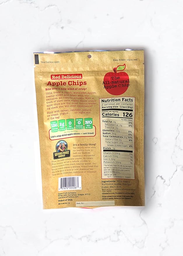 Sisters Fruit Company Apple Chips All Natural Gluten-Free Fat-Free Contains SIX 2.25 OZ. Bags (Red Delicious Apple)