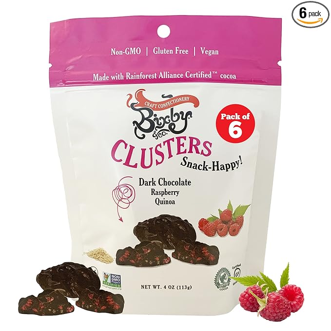 Bixby 6 Pack of Clusters Dark Chocolate Covered Quinoa and Raspberry | Kosher Non-GMO Gluten Free Bites | Resealable 4oz Bags of Quinoa Clusters On The Go Chocolate Snacks | Chocolate Raspberry Mix