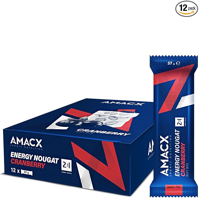 AMACX Energy Nougat Bar for Endurance Athletes – 12 x 37g – Healthy Snacks Fruit and Nut Bars – Sports Nutrition Power Bars – 2:1 Carbohydrates (32g) – Dairy- and Gluten-Free Snack Bars – Cranberry