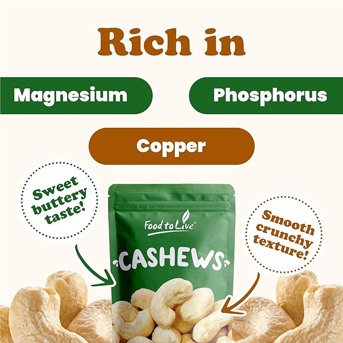 Food to Live - Raw Cashews 10 Pounds Non-GMO Verified Deluxe Whole Nuts Unsalted Unroasted Fancy Snack Size W-320 Kosher Vegan Bulk A good source of Magnesium Phosphorus.