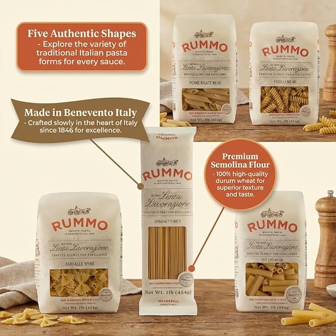 Rummo Pasta Variety Pack - Spaghetti Noodles Fusilli Penne Rigate Farfalle Ziti Made with Semolina Flour Pasta from Italy - 16 Ounce (Pack of 5)