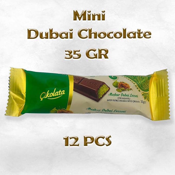 12-Pack Mini Dubai Chocolate Bars with Pistachio – Milk Chocolate 35 g (1.23 oz) Each