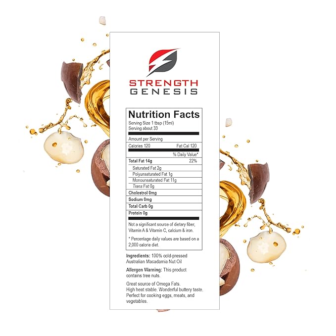 Strength Genesis Australian Macadamia Nut Oil Cold-Pressed Macadamia Oil for Cooking 500-Milliliter Bottle