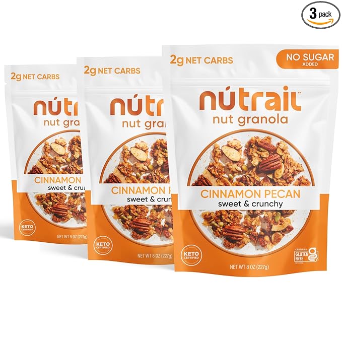 NuTrail Nut Granola Cereal Cinnamon Pecan No Sugar Added Gluten Free Grain Free Keto Low Carb Healthy Breakfast 8 oz. 3 Count