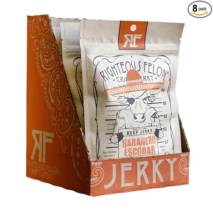 Righteous Felon Beef Jerky - Habanero Escobar Jerky - Gluten-Free Snacks - All-Natural Locally Sourced &amp Dried Beef - Low-Sugar High-Protein Healthy Snacks - 2 Ounces Each Pack of 8