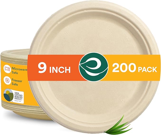ECO SOUL 9 Inch Compostable Disposable Paper Plates [200 Pack] Food Safe 100% Virgin Bagasse Pulp Heavy Duty Biodegradable Microwave Safe Large Round Dinner Plate for Party Picnic &amp BBQ (Brown)