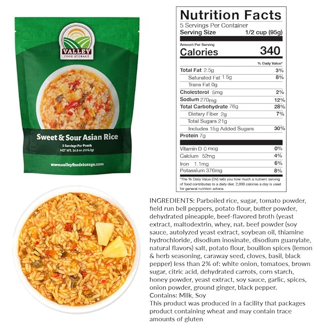 Valley Food Storage Sweet &amp Sour Asian Rice | 10-Bag Bucket 50 Servings | Gluten Free Premium Emergency Food Supply 25 Year Shelf Life | Survival Meal Kits Prepper Food &amp Off-Grid Living Su
