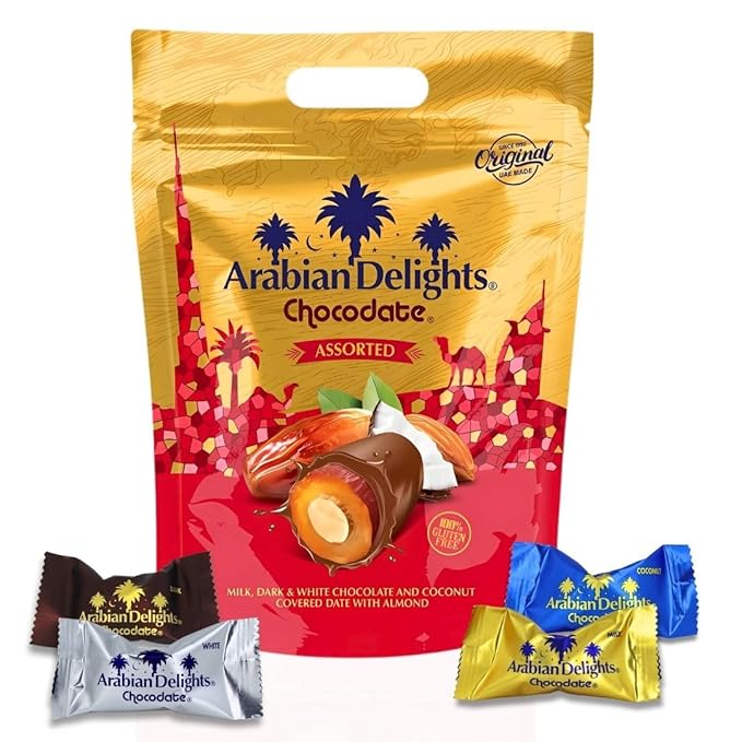 Intense Delish Chocolate Covered Almond Stuffed Dates - Arabian Delights Chocodate Assorted Pouch 460g – Premium Chocolate Dates Gift Pack in Milk Dark White &amp Coconut Chocolates Varieties