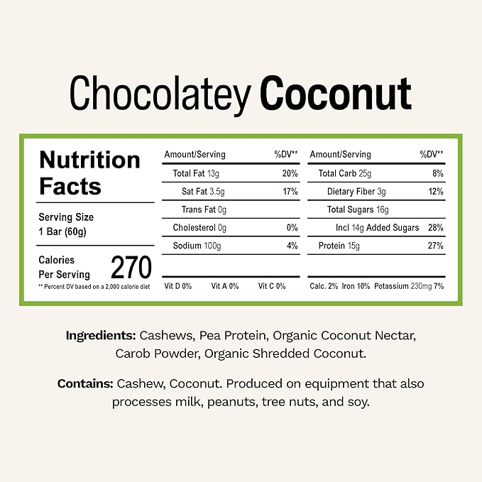 Rise Pea Protein Bar - Chocolately Coconut | Breakfast Bar &amp Protein Snack 15g Protein Just 5 Whole Food Ingredients Non-GMO Gluten-Free Soy Free